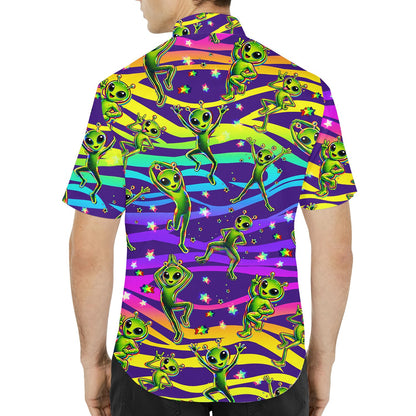 Back view of the aliens hawaiian shirt showcasing the continuous psychedelic pattern