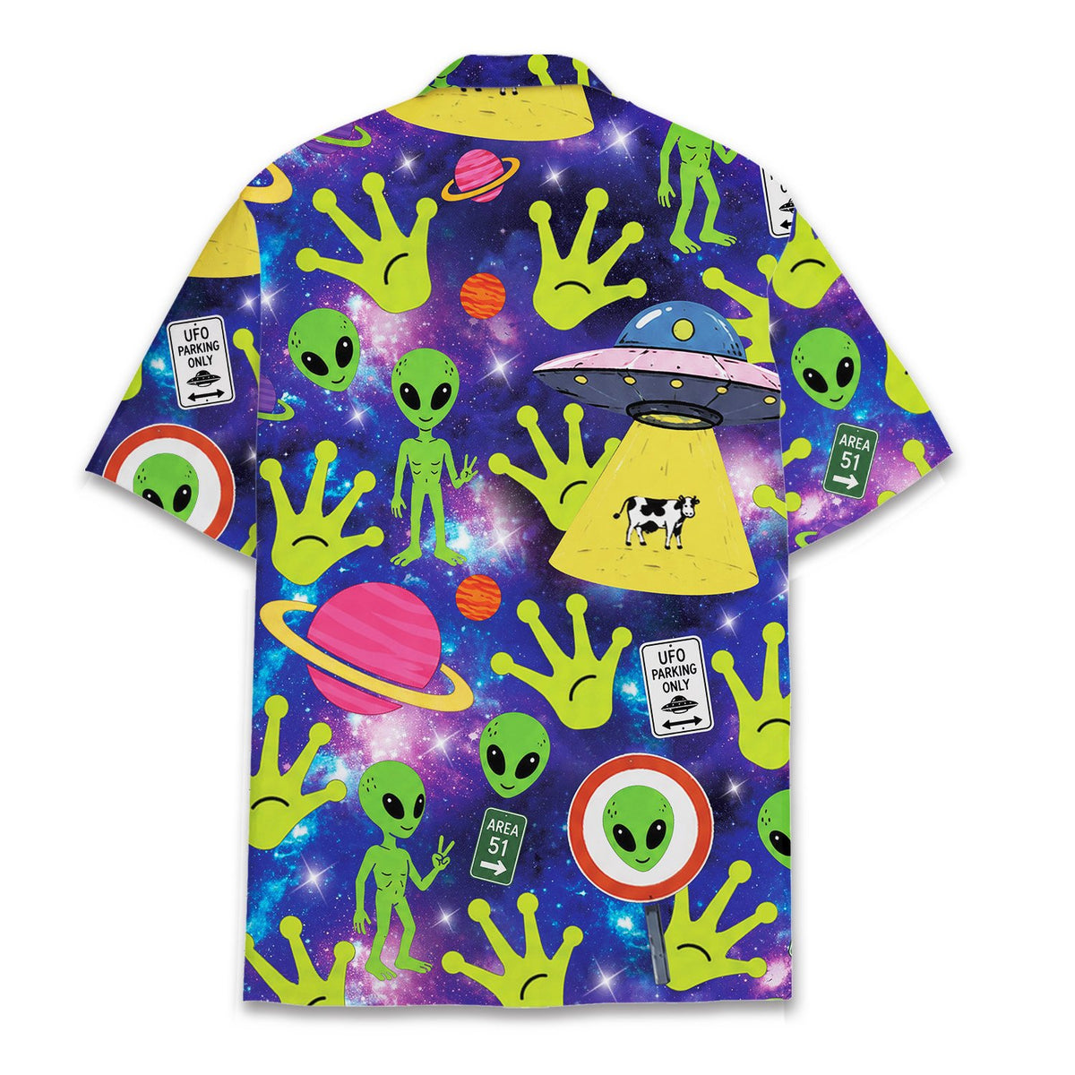 Purple aliens hawaiian shirt featuring UFOs and galaxy background, back view