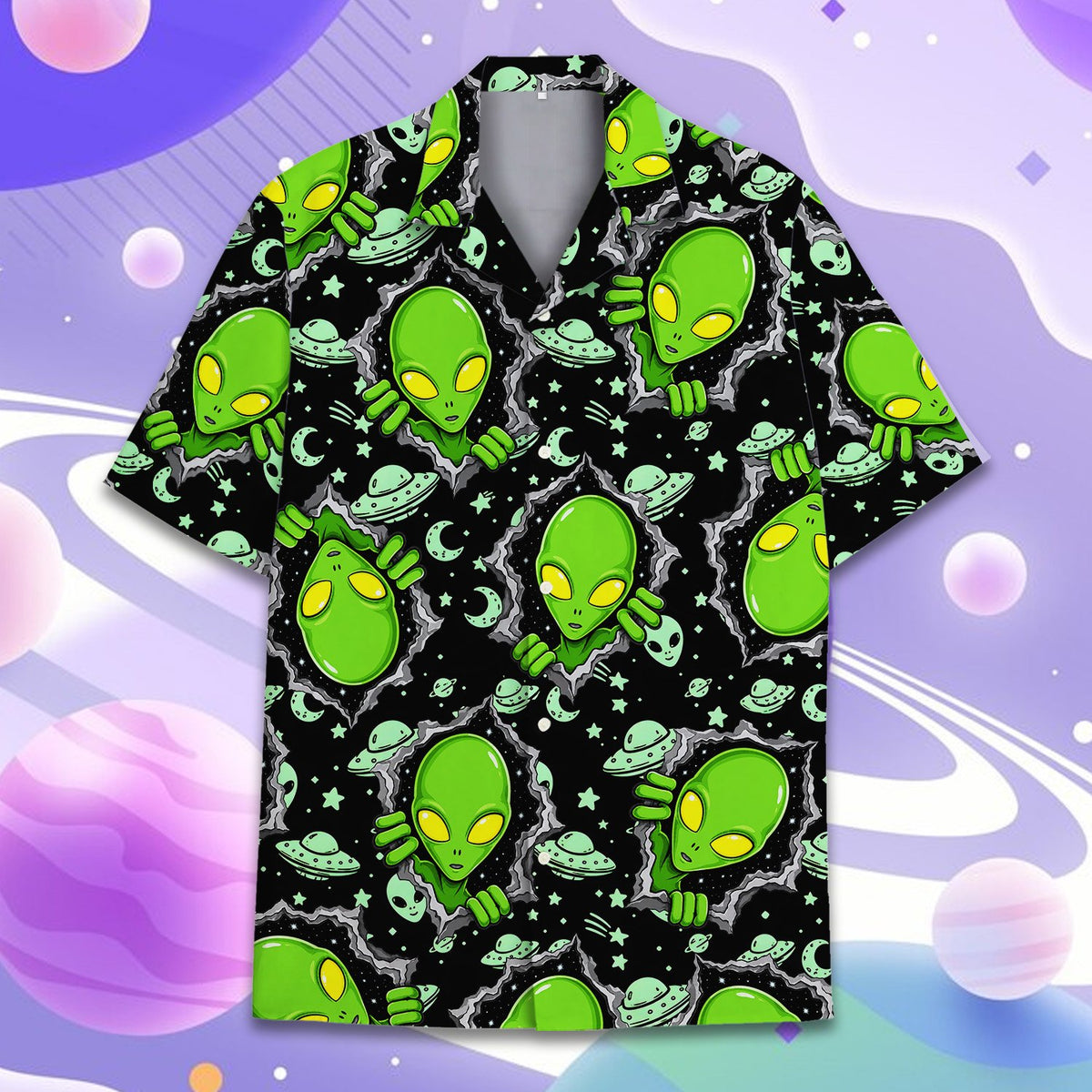 Back view of the adult black aliens hawaiian shirt