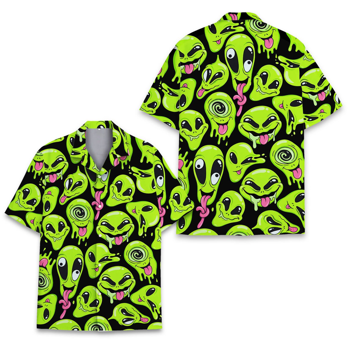 Another front view of the green aliens hawaiian shirt