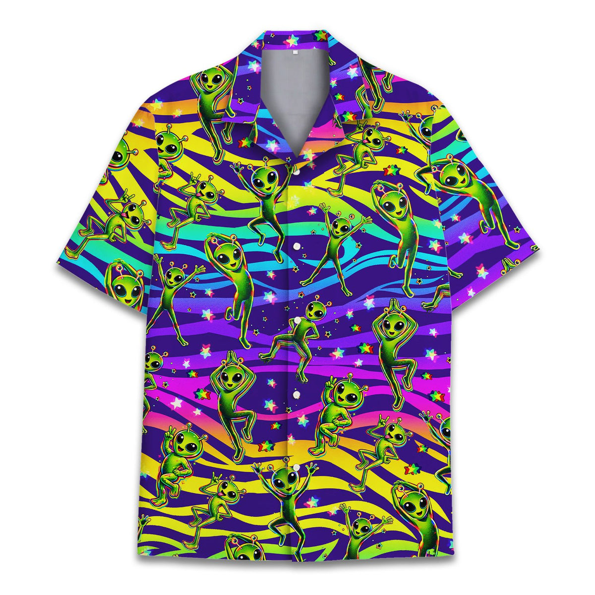 Close-up front view of the aliens hawaiian shirt showing dancing green alien details