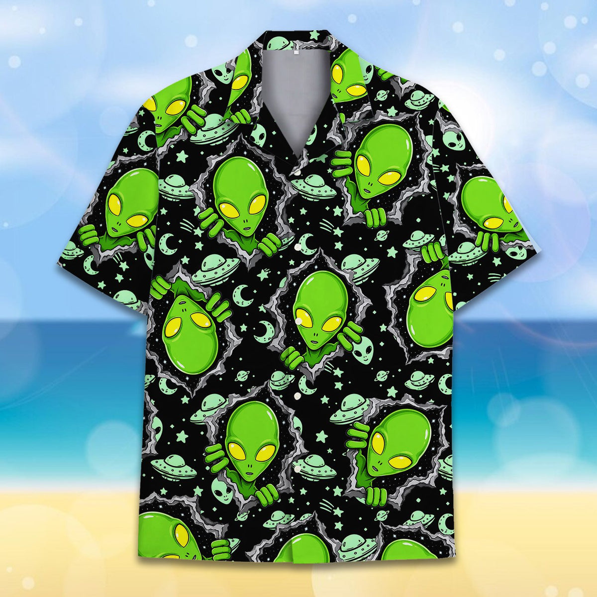 Close-up front view of the black aliens hawaiian shirt detailing the fabric pattern