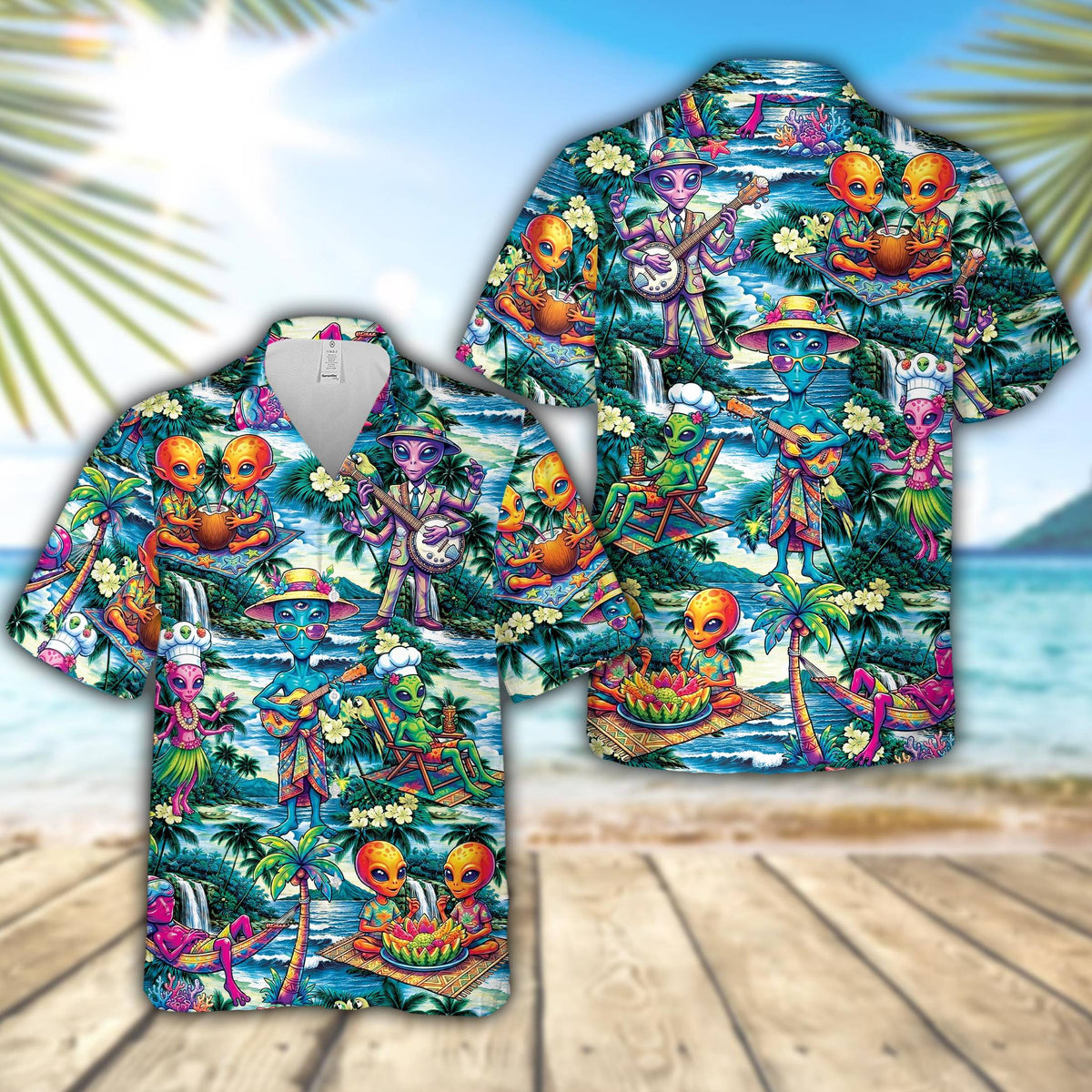 Front view of the blue aliens hawaiian shirt showing colorful cartoon characters