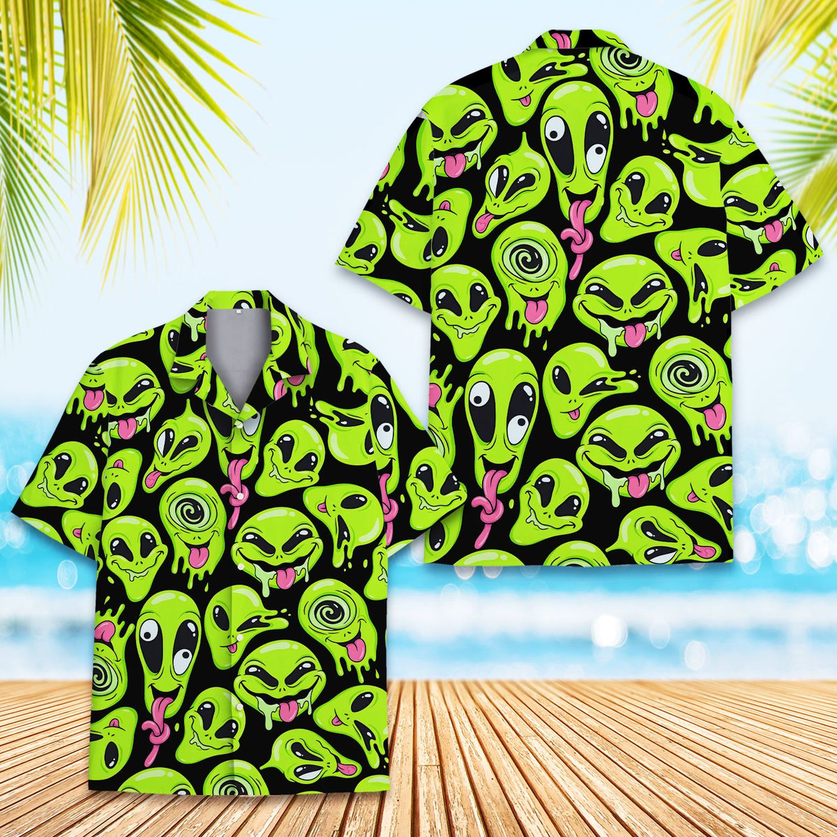 Detailed front view of the alien faces on the black hawaiian shirt