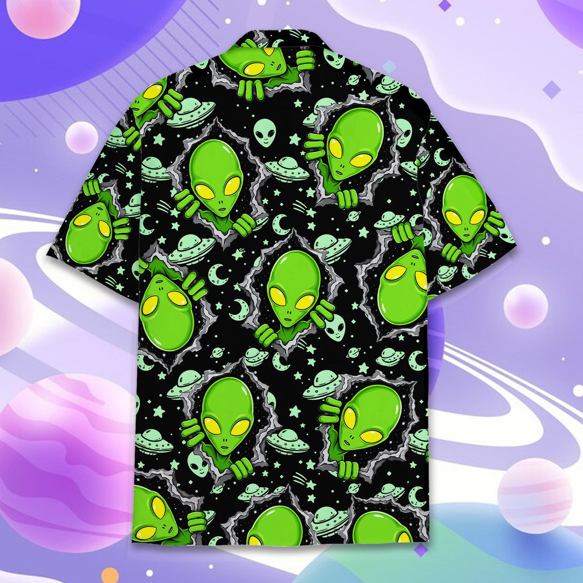 Detailed front view of the black aliens hawaiian shirt buttons and collar