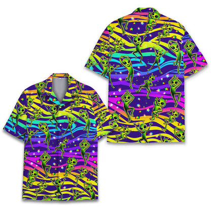 Alternate front view of the alien-themed hawaiian shirt