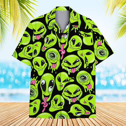 Front view of the matching family hawaiian shirt featuring green aliens