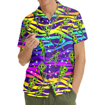 Main view of the psychedelic aliens hawaiian shirt with wavy purple and yellow stripes