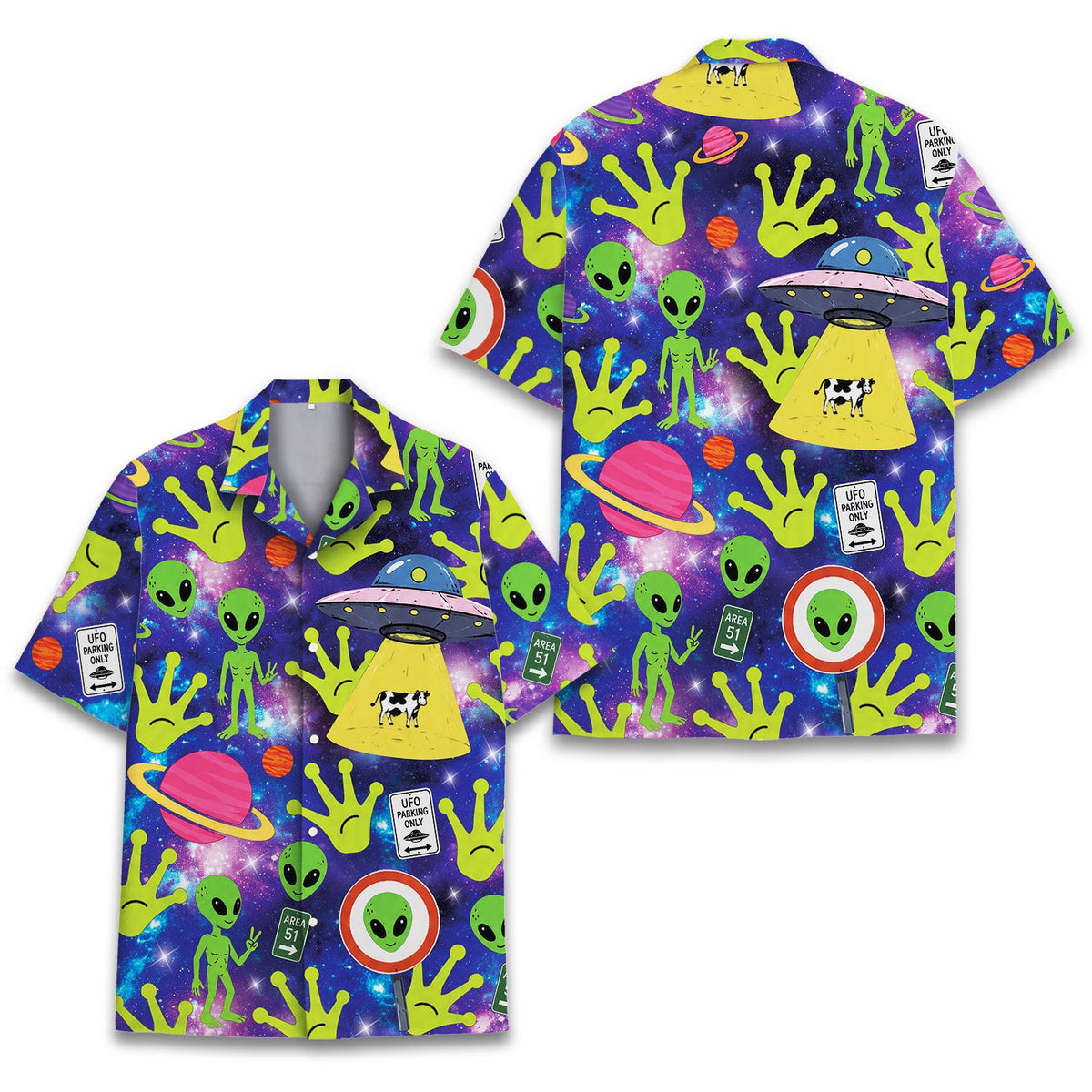 Purple aliens hawaiian shirt featuring UFOs and galaxy background, main view