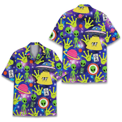 Purple aliens hawaiian shirt featuring UFOs and galaxy background, front view