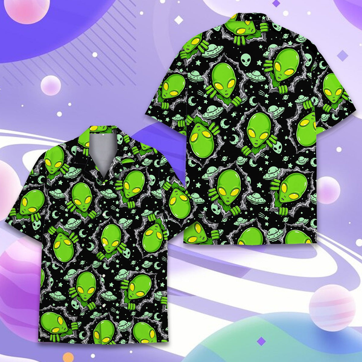 Front view of the black aliens hawaiian shirt showing repeating pattern of planets and green aliens