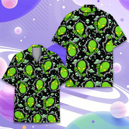 Adult black aliens hawaiian shirt with extraterrestrial space theme, lifestyle view