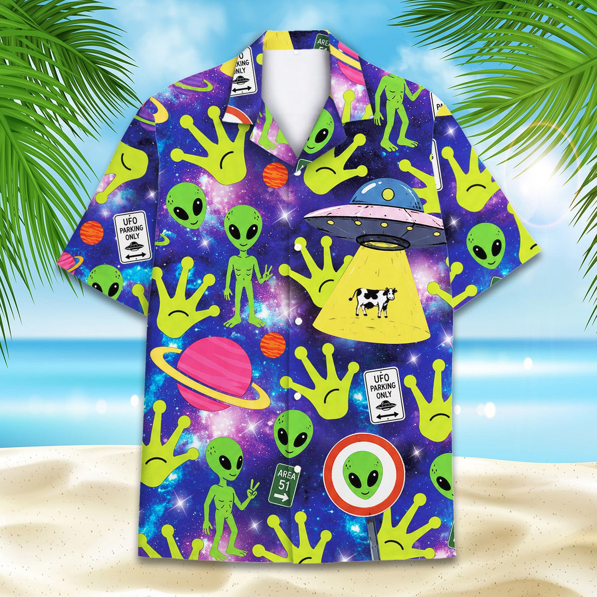 Another lifestyle view of the purple aliens hawaiian shirt