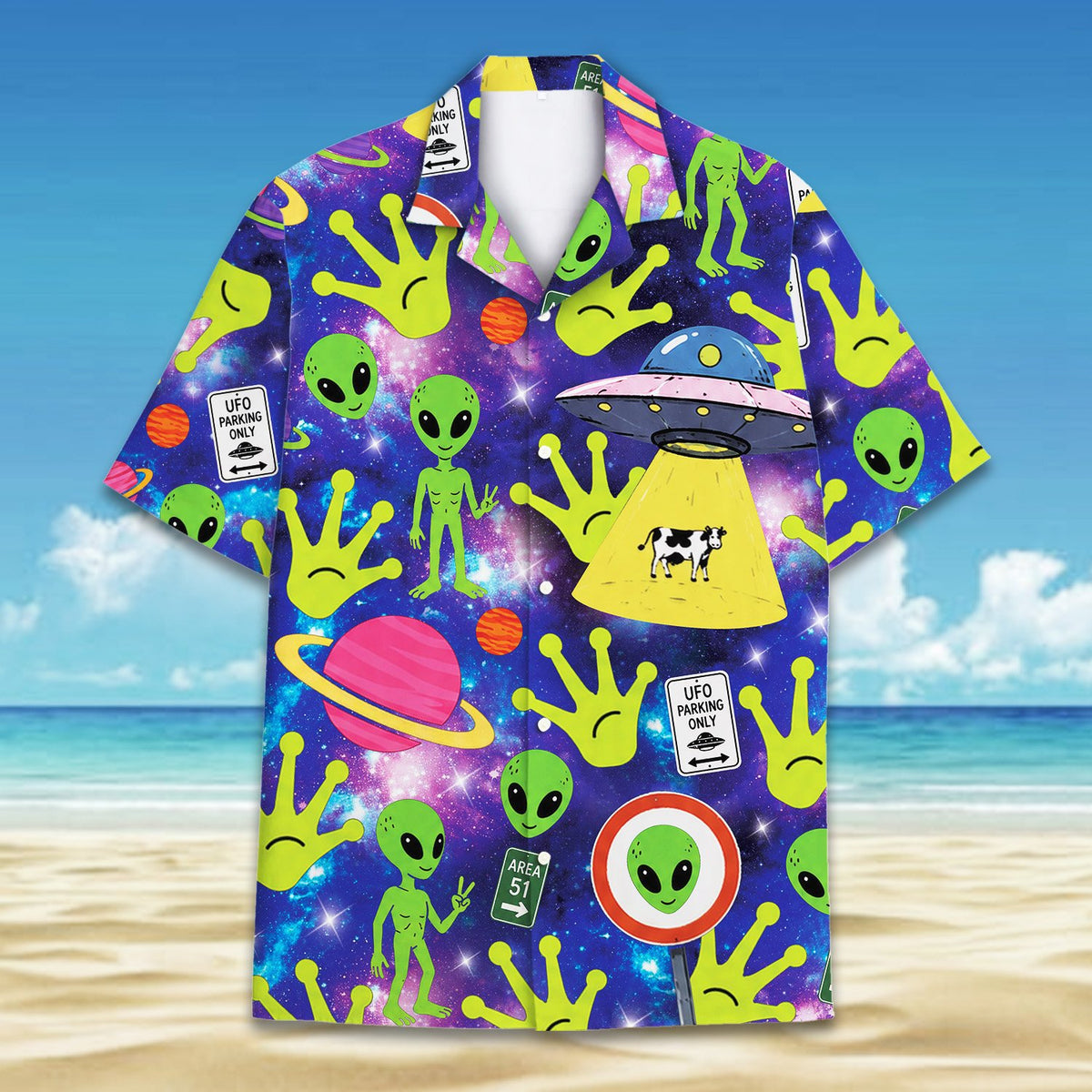 Third lifestyle view showing the purple aliens hawaiian shirt