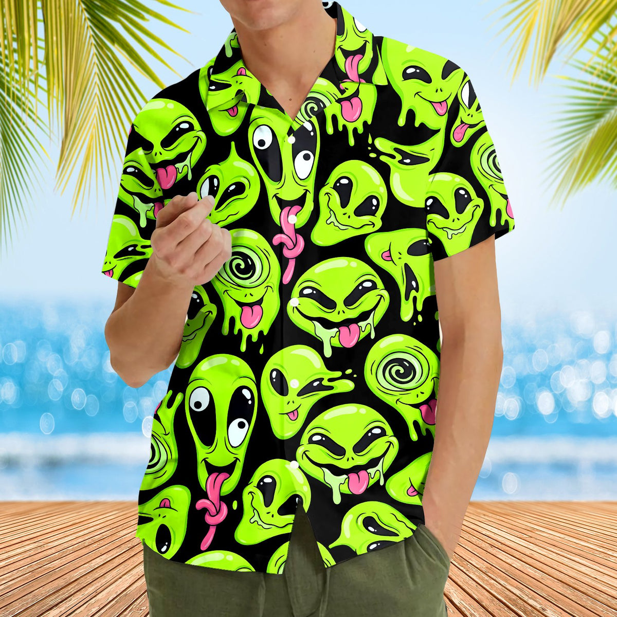 Fourth lifestyle view of the green aliens hawaiian shirt
