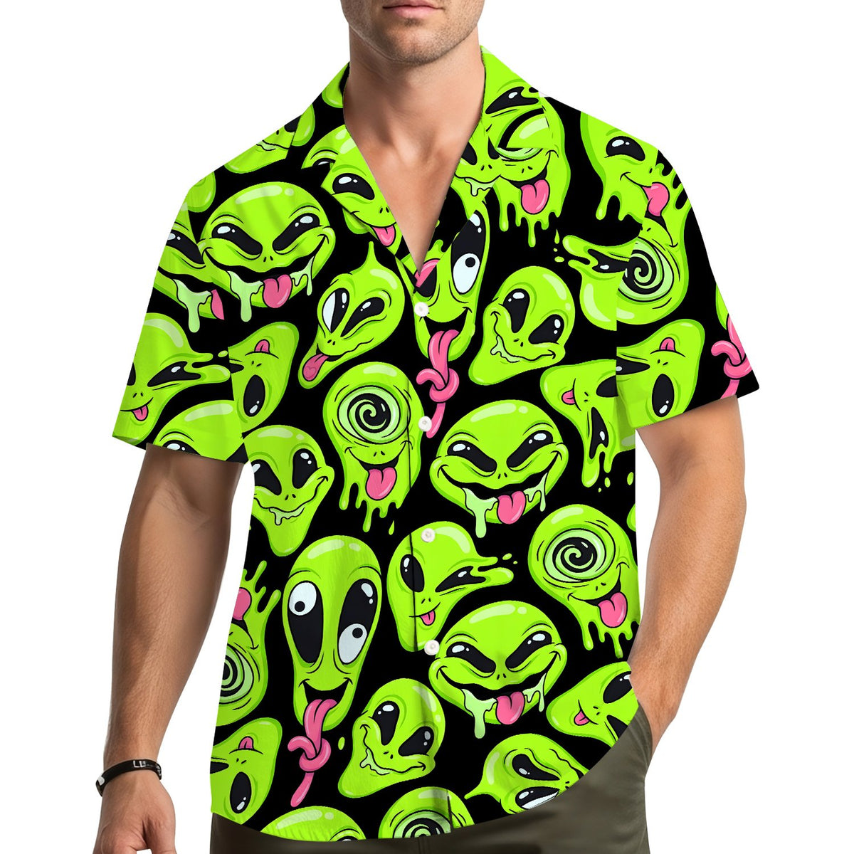 Lifestyle view of a person wearing the green aliens hawaiian shirt