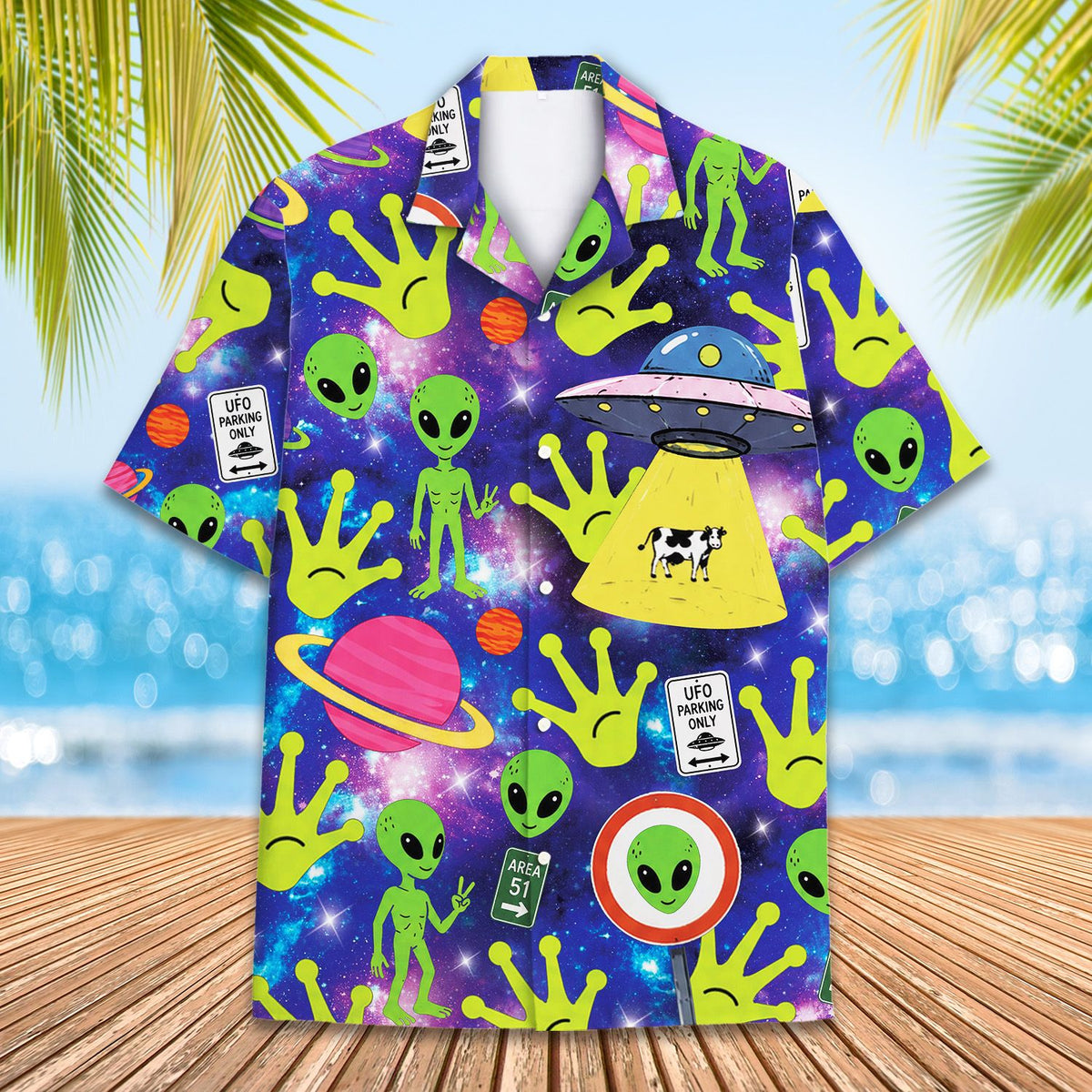 Person wearing purple aliens hawaiian shirt in a lifestyle setting