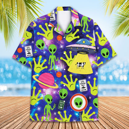 Person wearing purple aliens hawaiian shirt in a lifestyle setting
