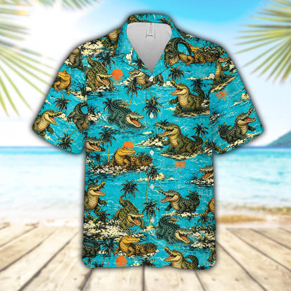 Blue alligator hawaiian shirt featuring cartoon alligators and palm trees on a blue background, front view