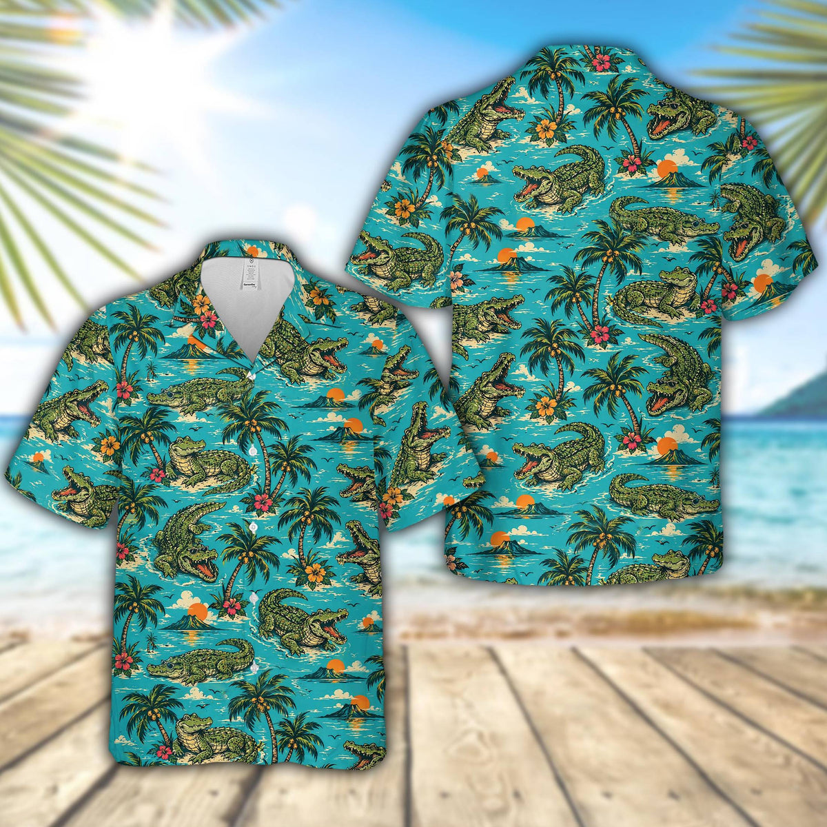 Alligator tropical hawaiian shirt featuring green crocodiles and palm trees on a vibrant teal background, main view