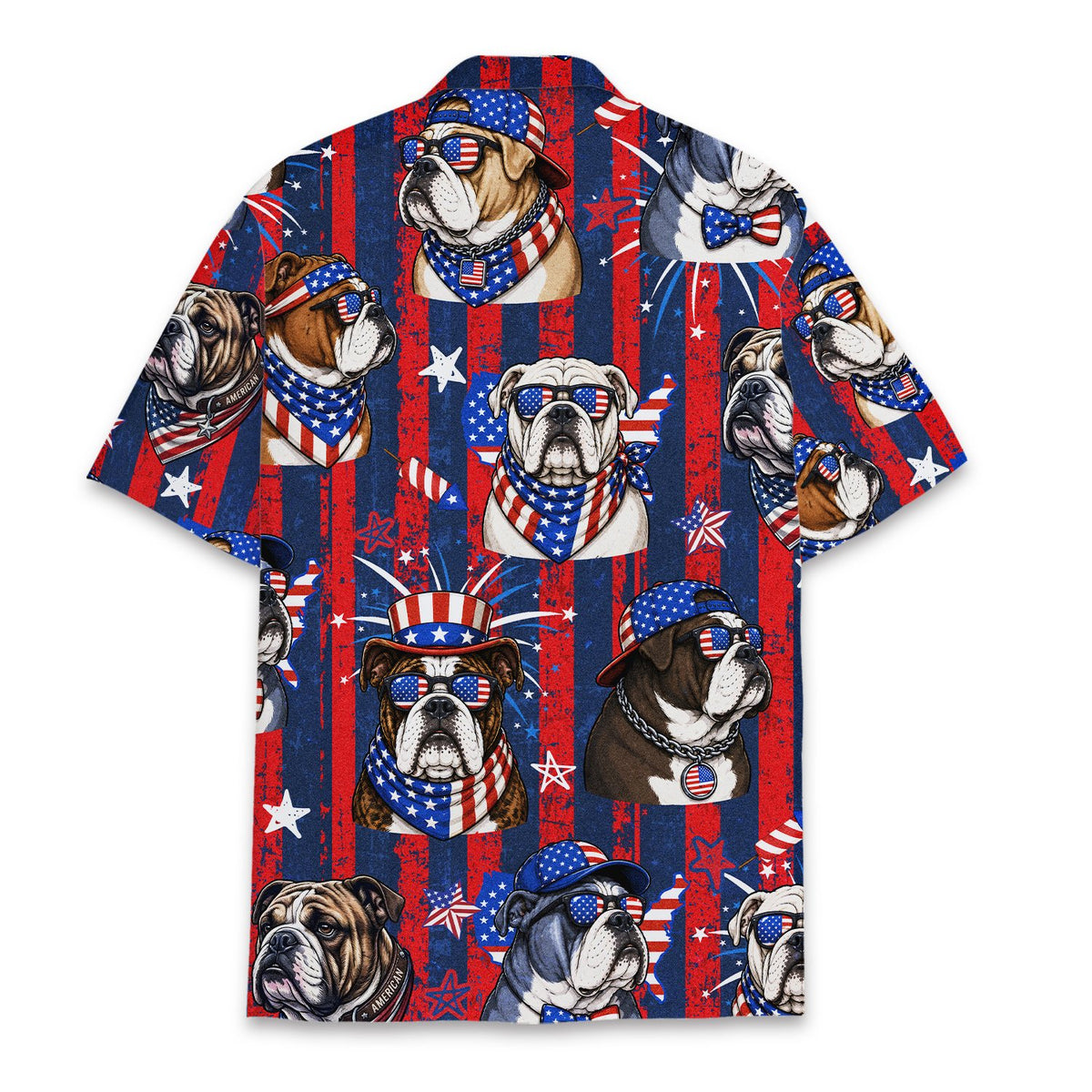 Back view of the matching family hawaiian shirt with vertical stripes and stars