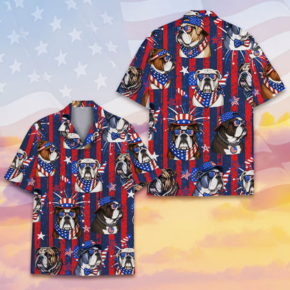 Detailed front view showing patriotic dogs and firework graphics on the hawaiian shirt