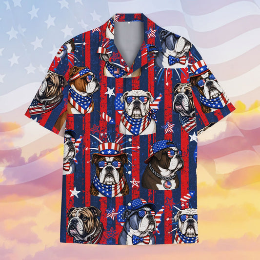 Red american hawaiian shirt featuring a patriotic dog and star pattern, main view