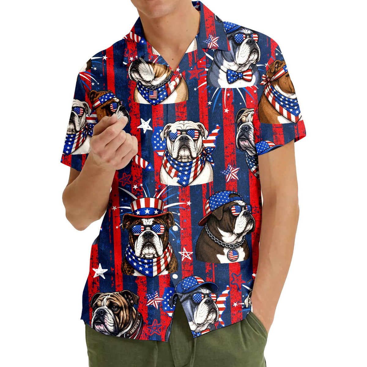 Third lifestyle view showing the red american hawaiian shirt on family members