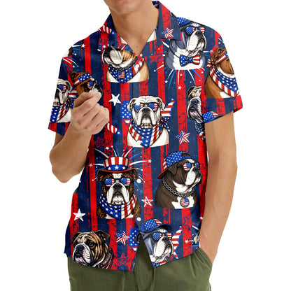 Third lifestyle view showing the red american hawaiian shirt on family members