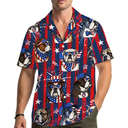 Lifestyle view of a family wearing matching fourth of july hawaiian shirts outdoors