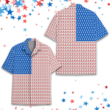 Close up front view of the patriotic flamingo hawaiian shirt