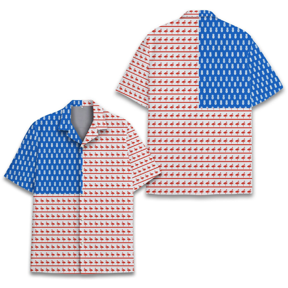 Front view of the american flag flamingo hawaiian shirt
