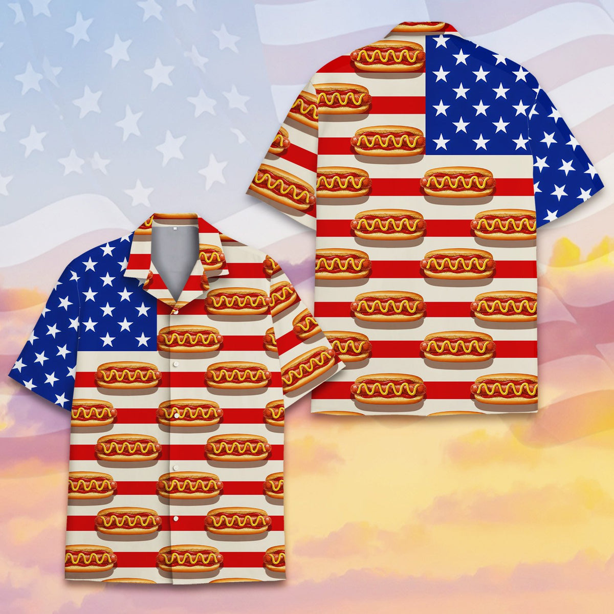 Detailed front view of the stars and hot dogs hawaiian shirt