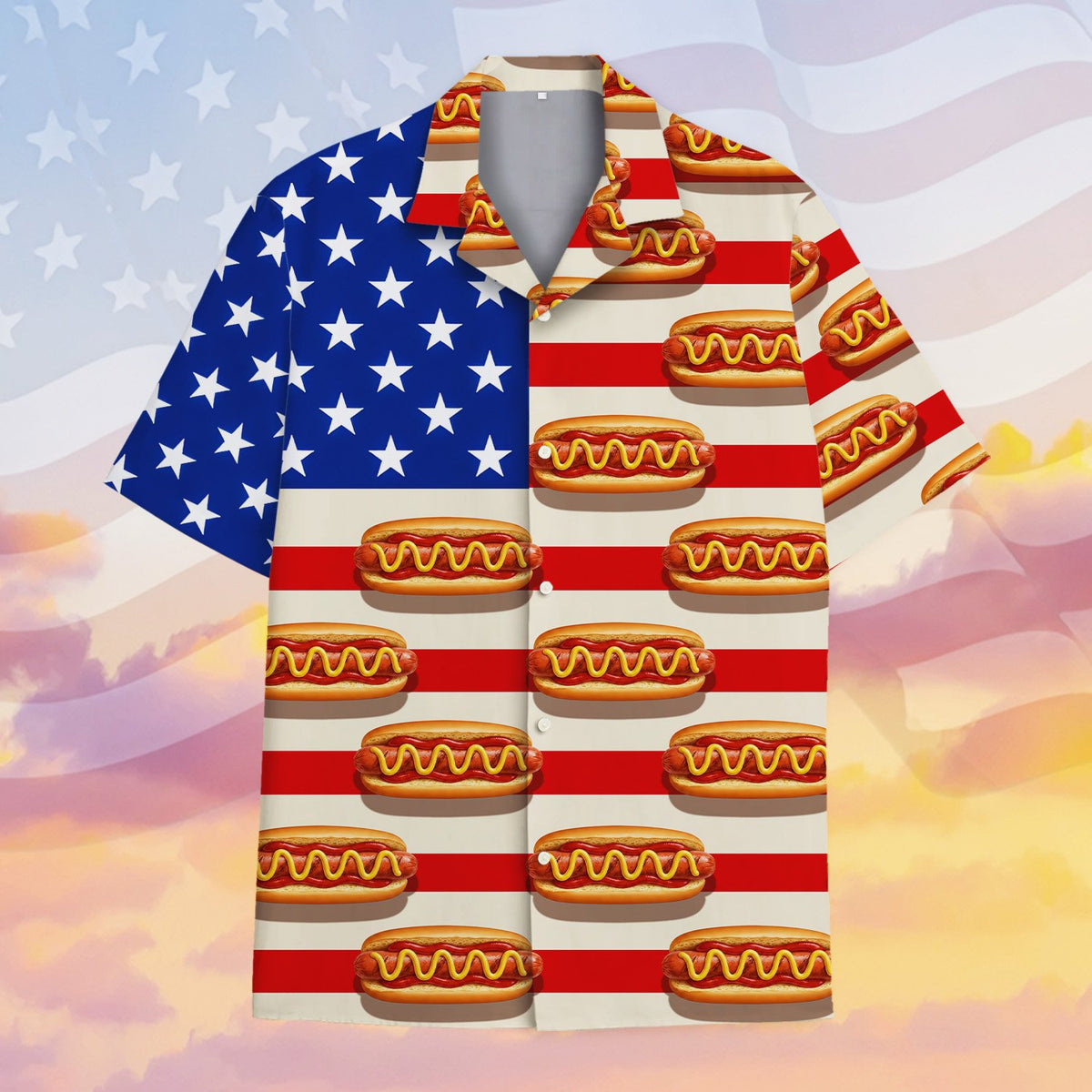 Front view of the American hawaiian shirt with hot dog pattern