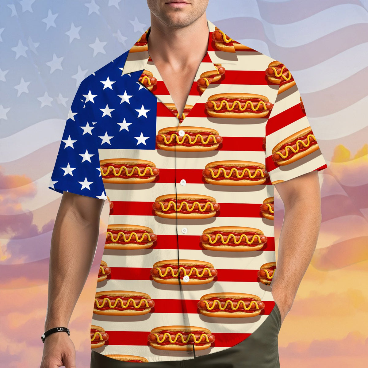 Lifestyle view of the hot dog pattern hawaiian shirt