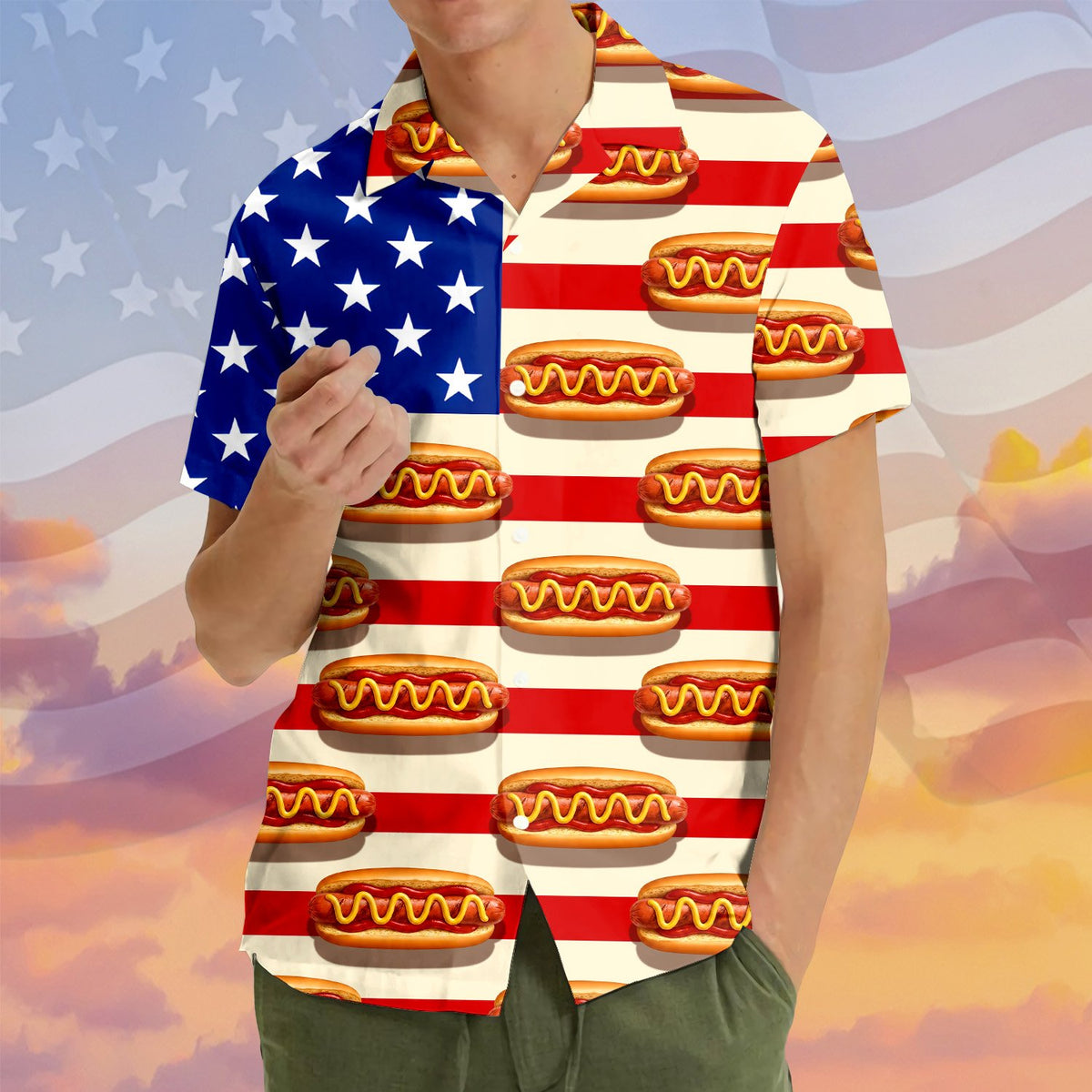 Person modeling the holiday hawaiian shirt in a lifestyle setting