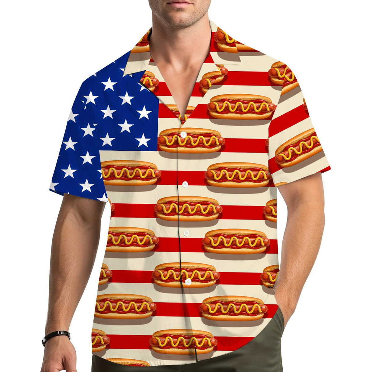 Person wearing the American hawaiian shirt outdoors