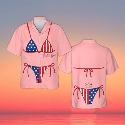 Pink string bikini print hawaiian shirt with stars and stripes graphic, front view