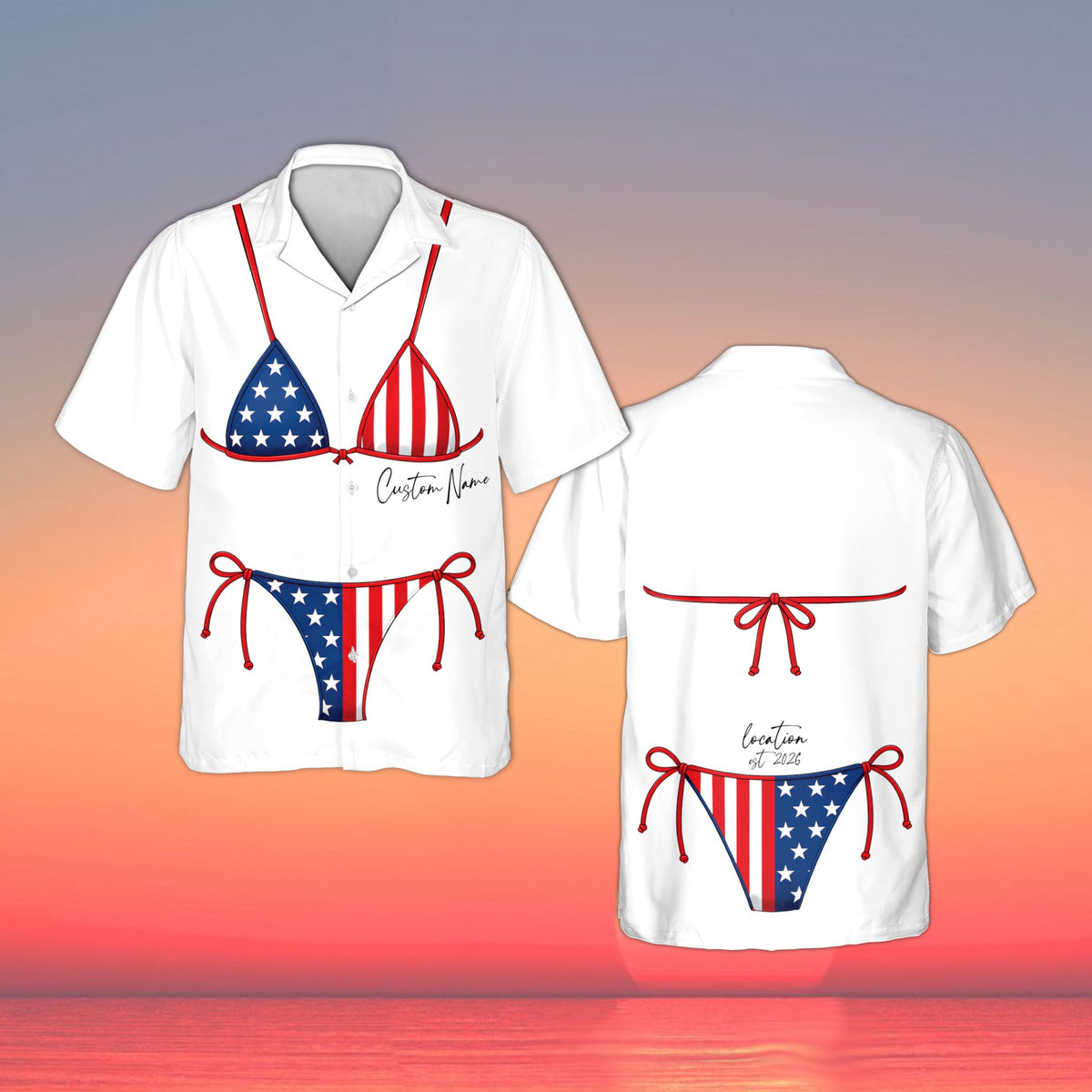 Matching family hawaiian shirts with white american hawaiian shirt bikini design and custom name, main view