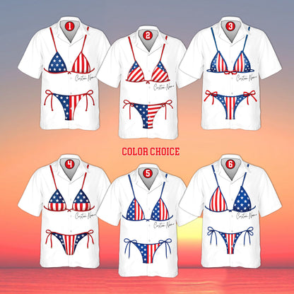White string bikini print hawaiian shirt, front view