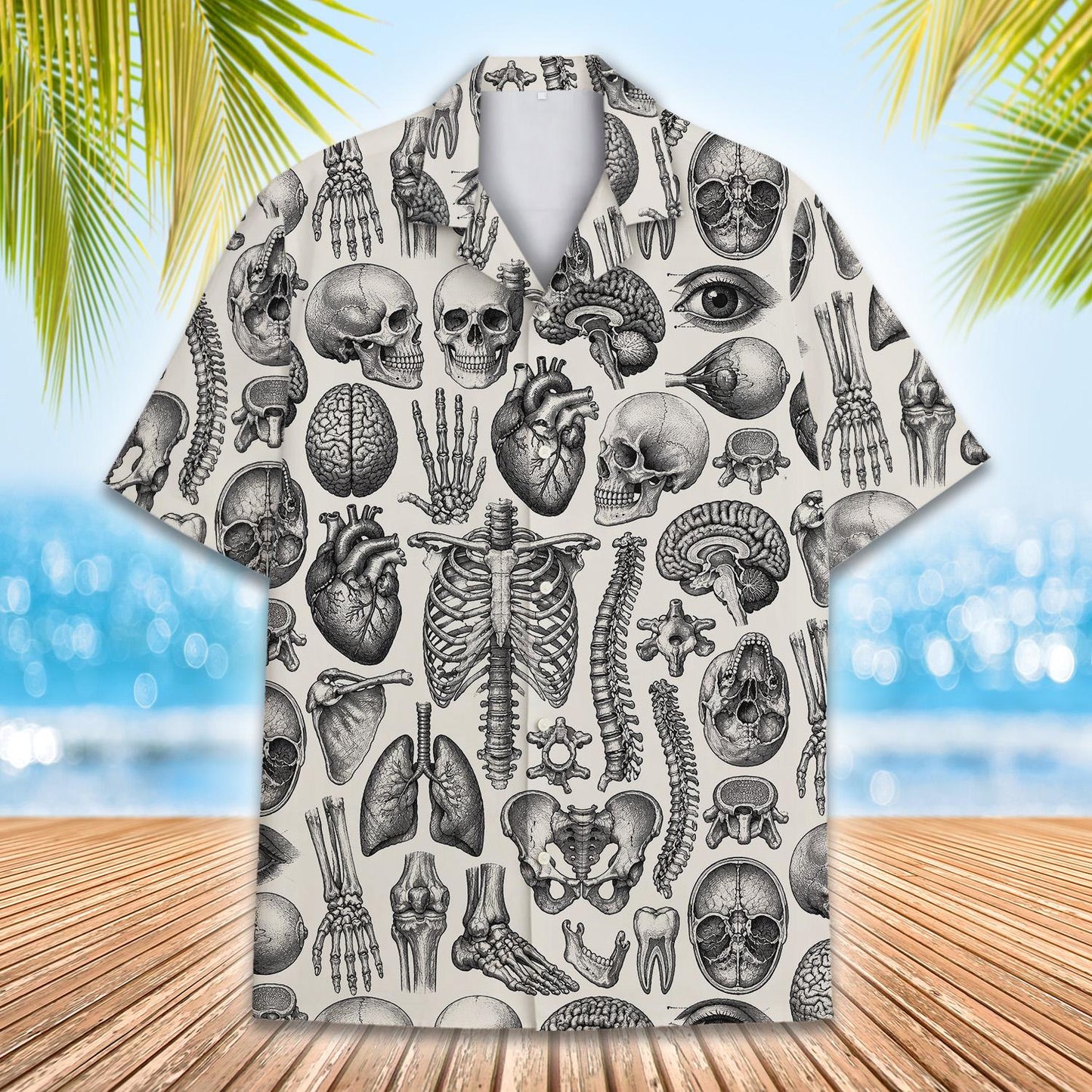 Front view of beige anatomy hawaiian shirt with vintage illustrations