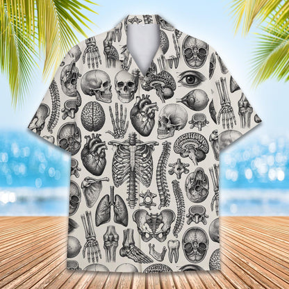 Front view of beige anatomy hawaiian shirt with vintage illustrations