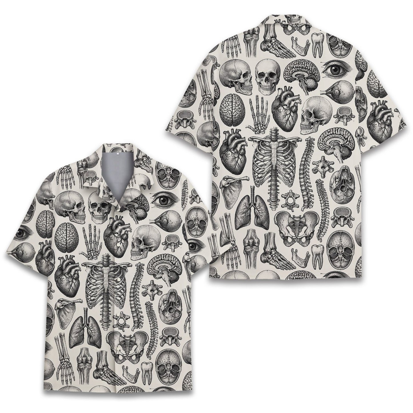 Alternative view of beige anatomy hawaiian shirt details