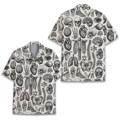 Alternative view of beige anatomy hawaiian shirt details