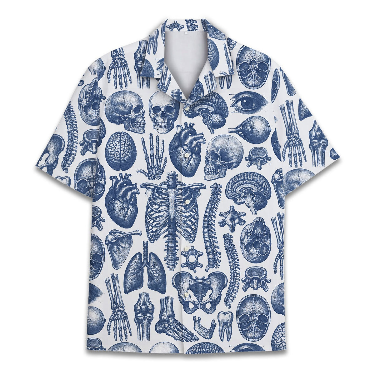 Front view of multicolor anatomy hawaiian shirt showing ribcage and organ print