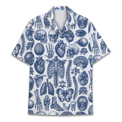 Front view of multicolor anatomy hawaiian shirt showing ribcage and organ print