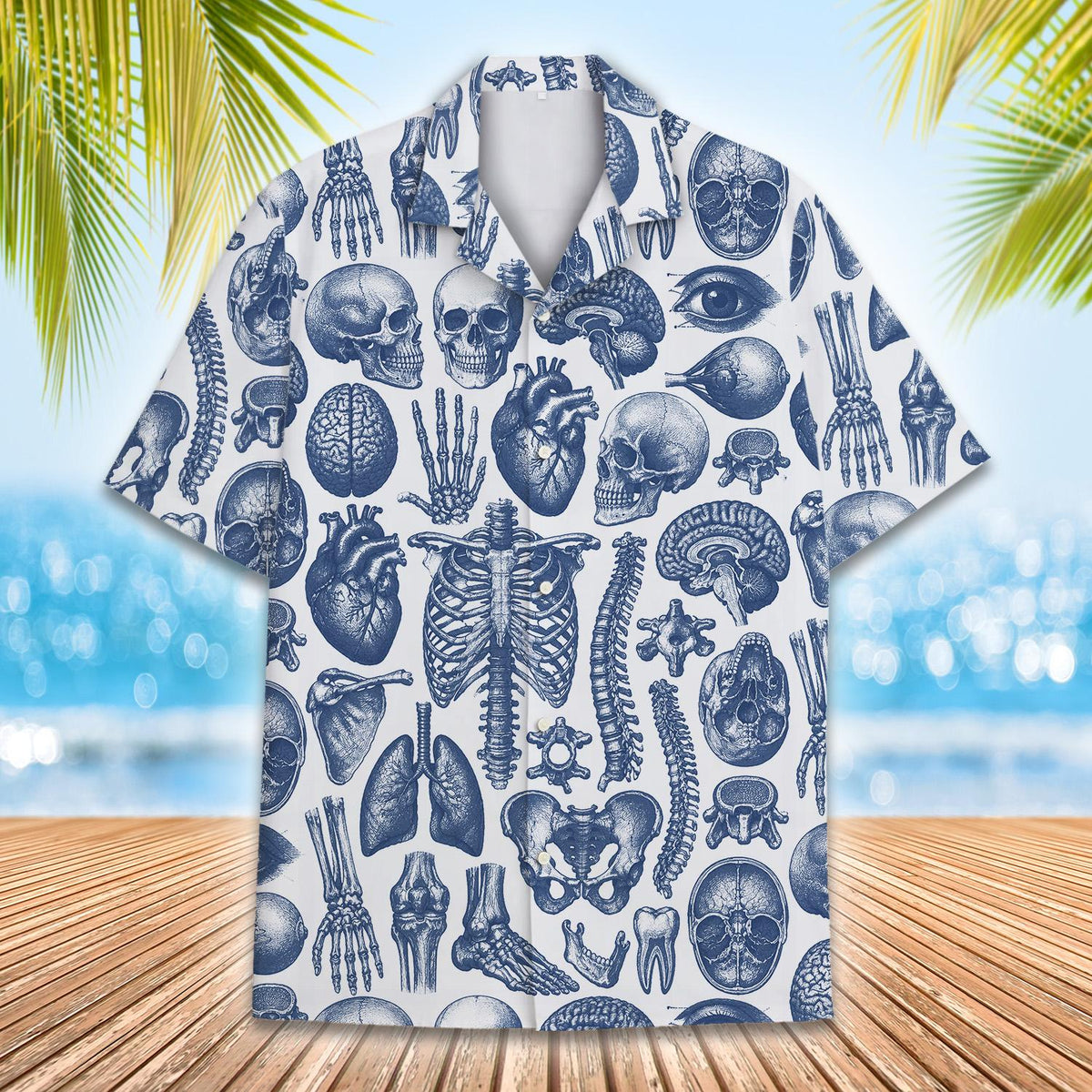 Main view of matching family anatomy hawaiian shirts in multicolor