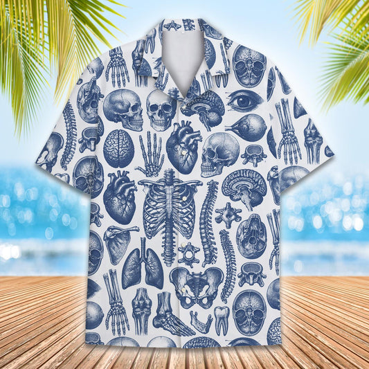 Main view of matching family anatomy hawaiian shirts in multicolor