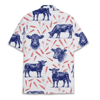 Angus cows and fireworks hawaiian shirt back view