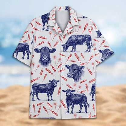 White angus hawaiian shirt front detail view on model
